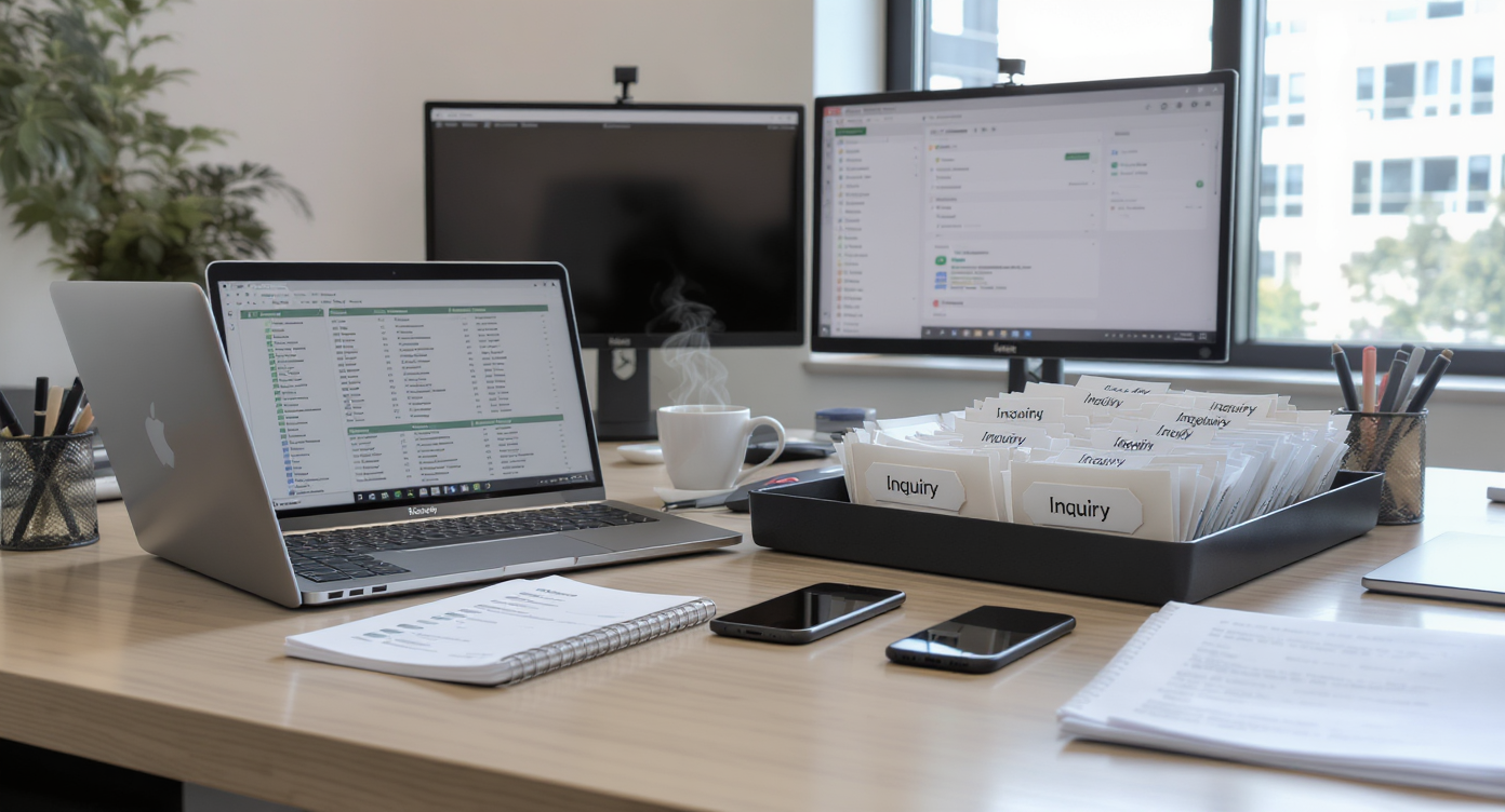A modern broker’s desk with laptop, labeled inquiry folders, smartphone, and monitors showing emails, bathed in natural light, no people visible.