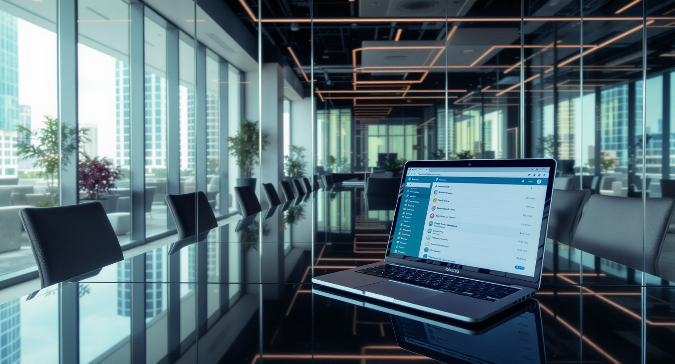 A modern brokerage office with a glass conference room, open laptop, floorplans, tech devices, and system upgrade brochures on the table.