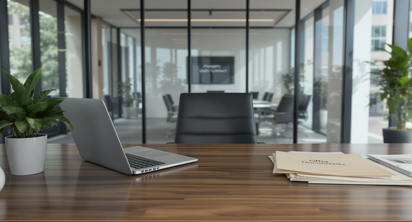 A real estate office desk with a closed laptop, a phone displaying missed calls, and unopened offer documents, hinting at stalled communication.