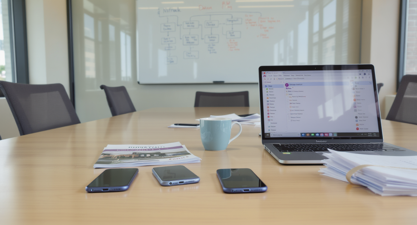 Photorealistic office conference table with two ringing phones, a property brochure, open laptop with unread offer email, and contract folders left unattended.