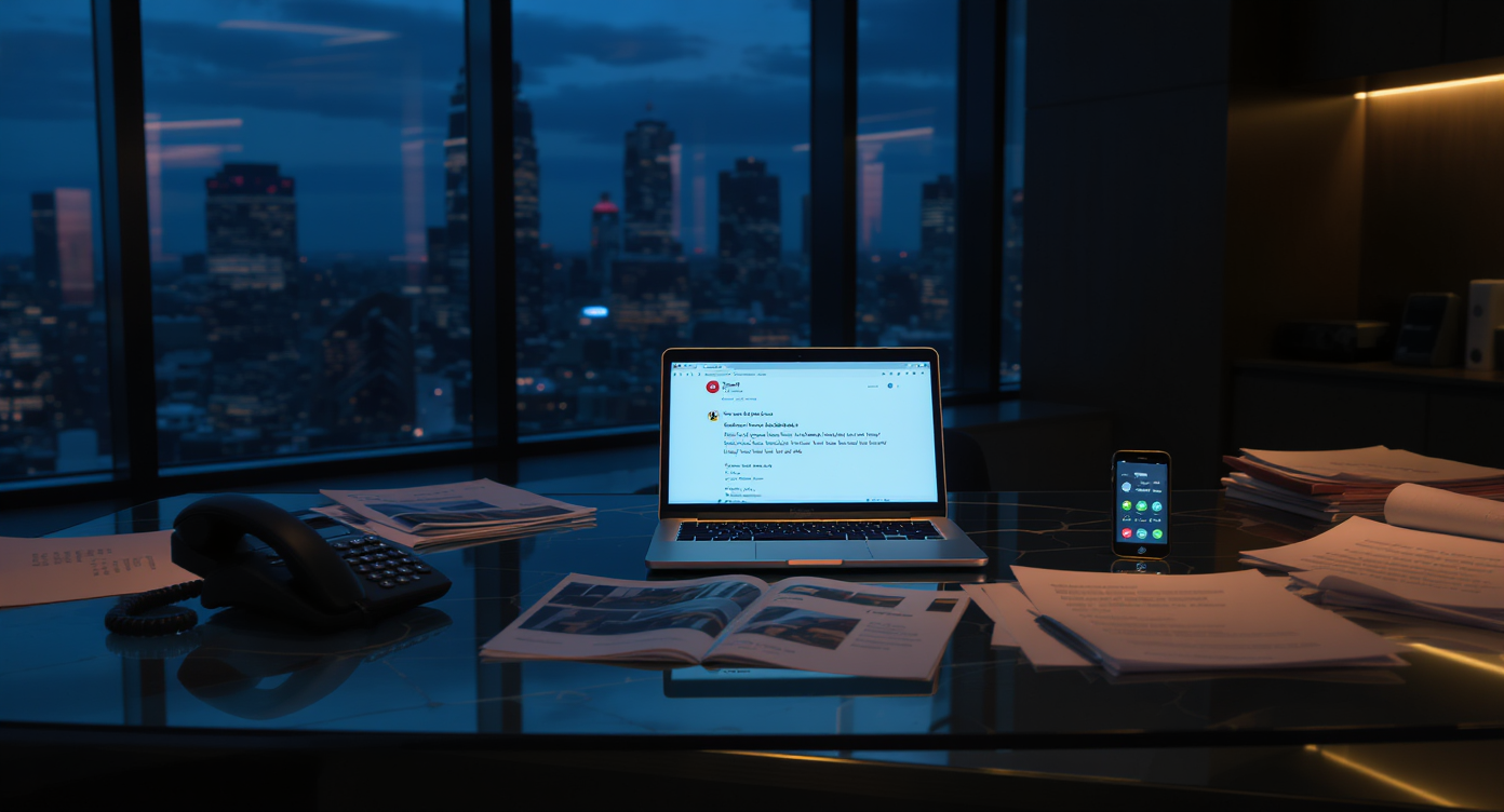 A modern commercial broker’s office desk at dusk, displaying missed calls and unread emails on devices, with city skyline visible in the background.