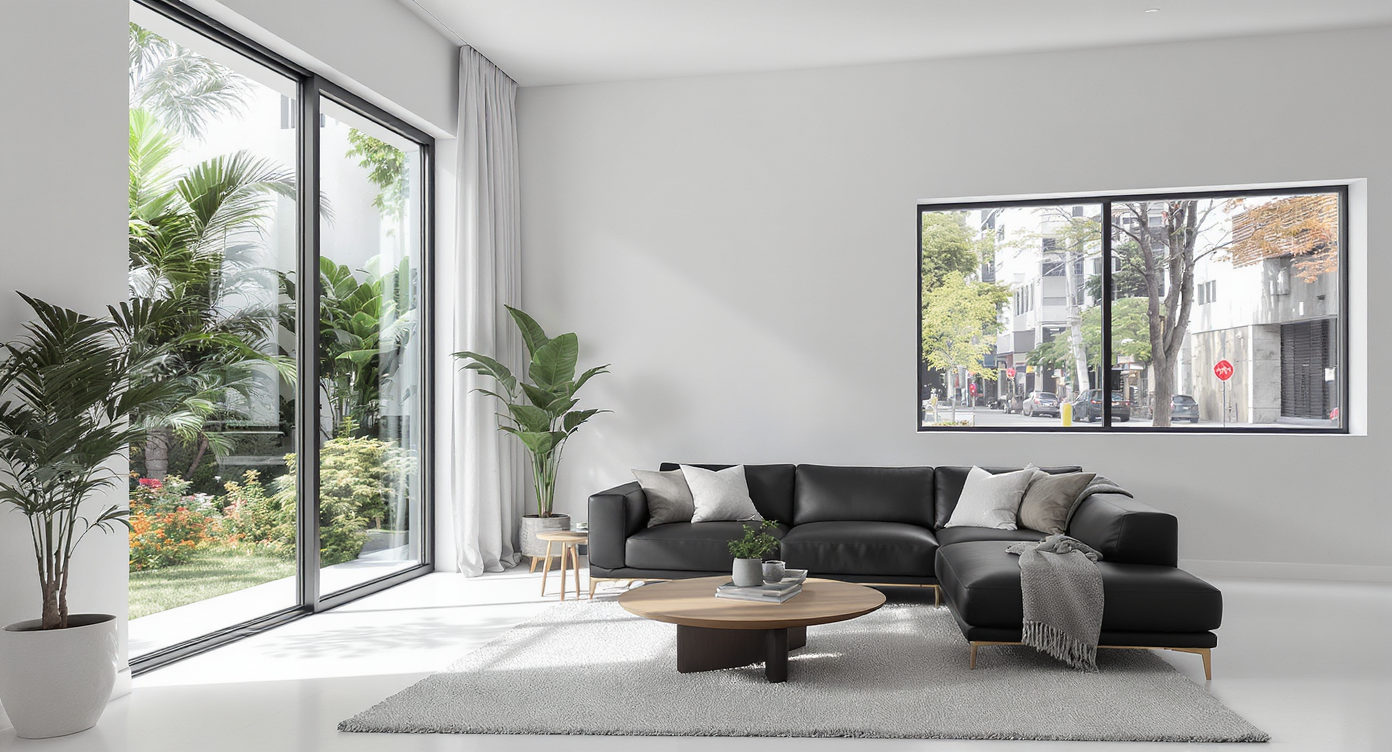 Editorial hero image showing a modern small living room with both a vertical window and a horizontal window, each highlighting different light and views.