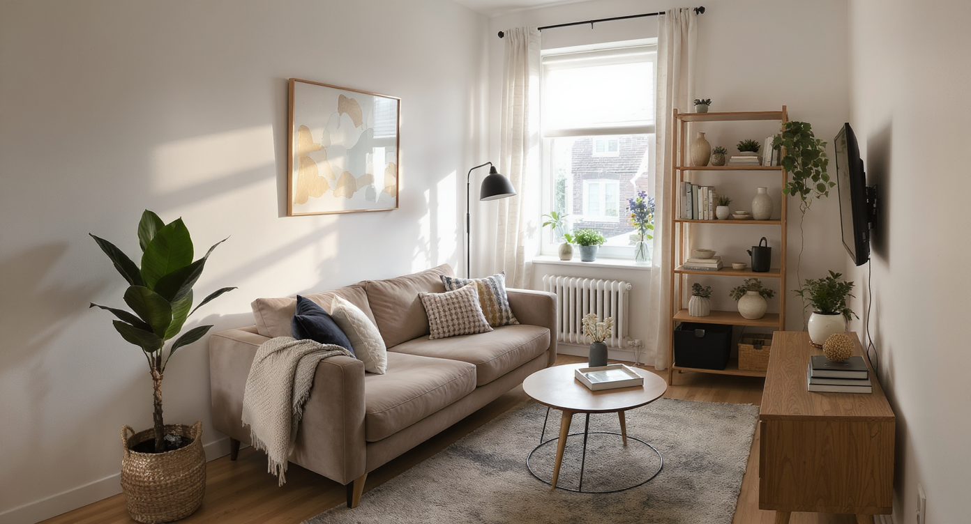 A small, modern living room highlights both a tall vertical window and a wide horizontal window, each casting unique daylight into the compact space.