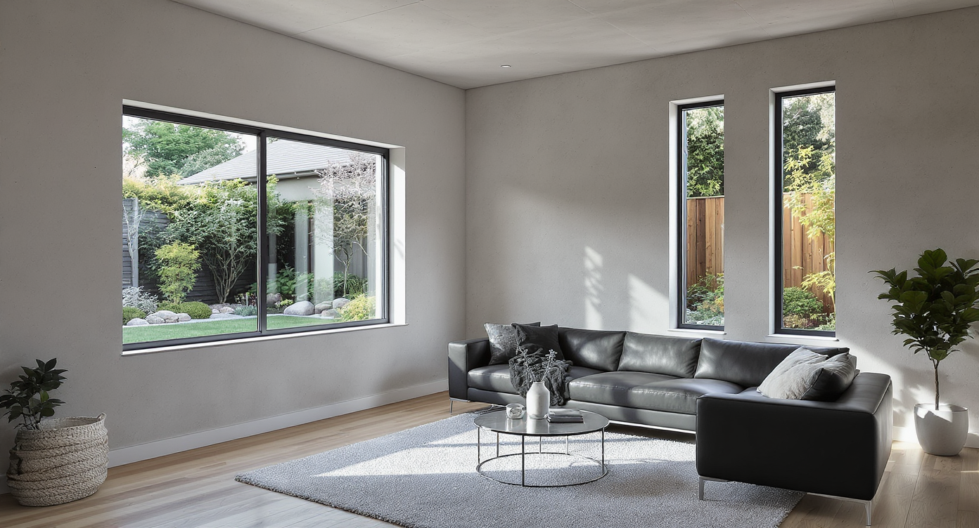 A modern living room wall with a wide horizontal window on one side and three slim vertical windows on the other, illustrating window orientation impact.