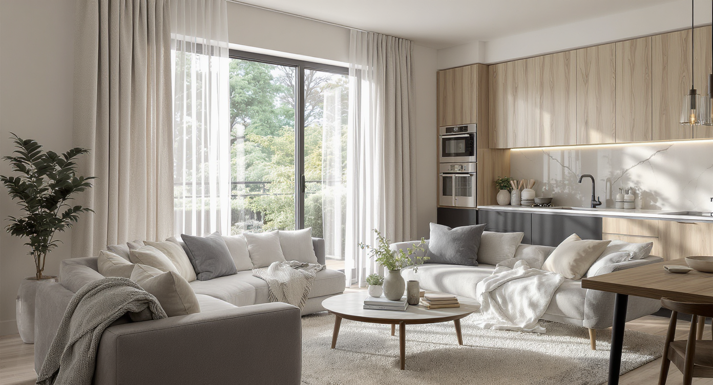Photorealistic open-plan living area with a long horizontal window above a sofa and a tall vertical window above the kitchen sink, both letting in natural light.