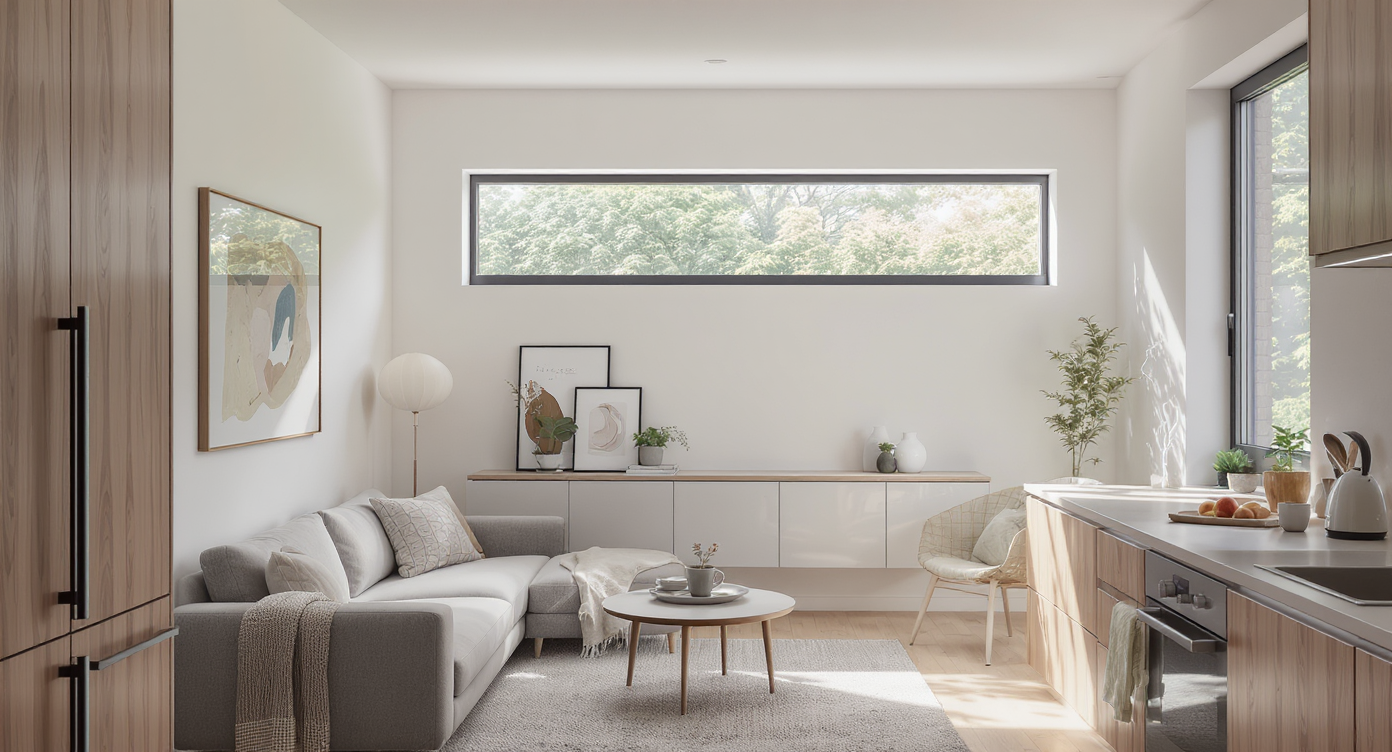 Compact, stylish living room with a horizontal window revealing treetop views, and kitchen featuring a vertical window with soft light, no people visible.