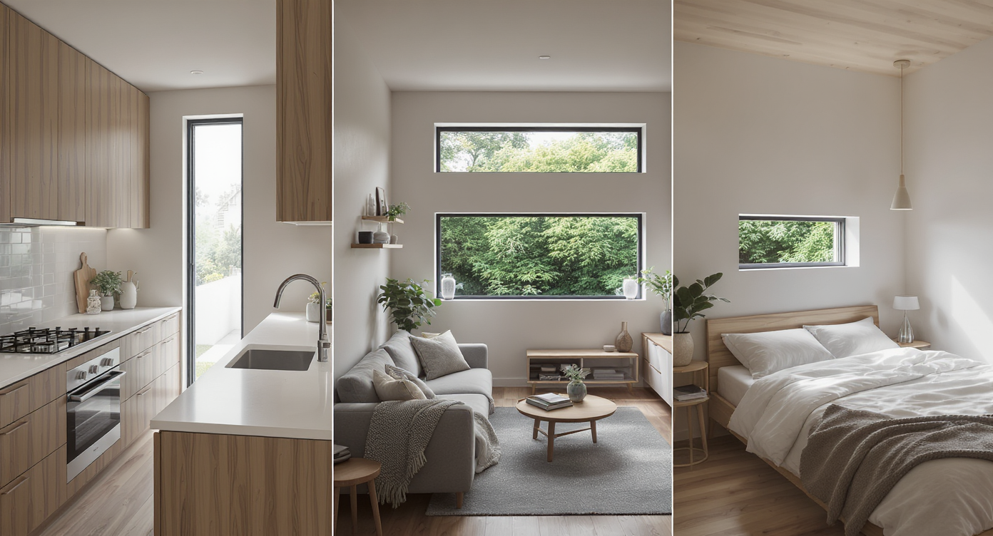 Seamless view of a small home's kitchen, living room, and bedroom, each showcasing vertical and horizontal windows that optimize light and space.