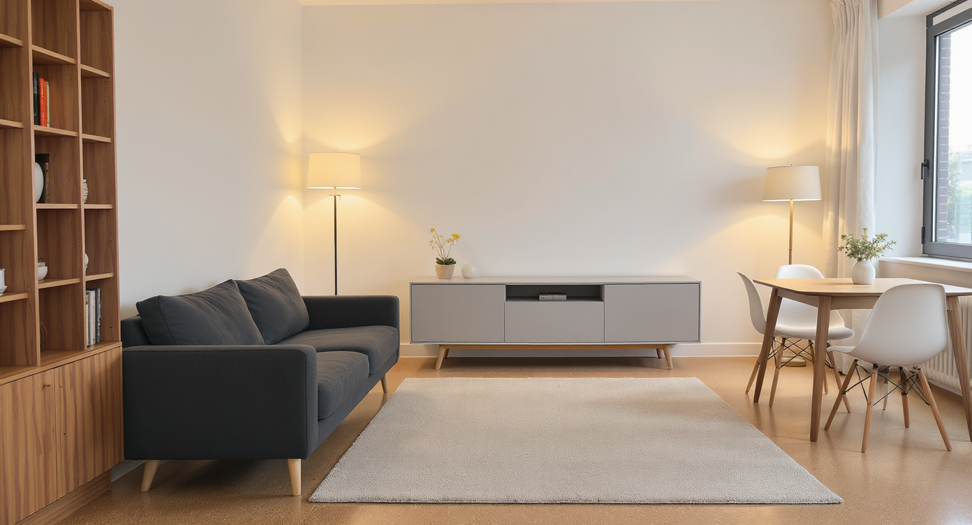 A realistic modern rental living area with a dark, mid-century sofa, tall bookcases, credenza, dining set, area rug on cork flooring, and glowing floor lamps.