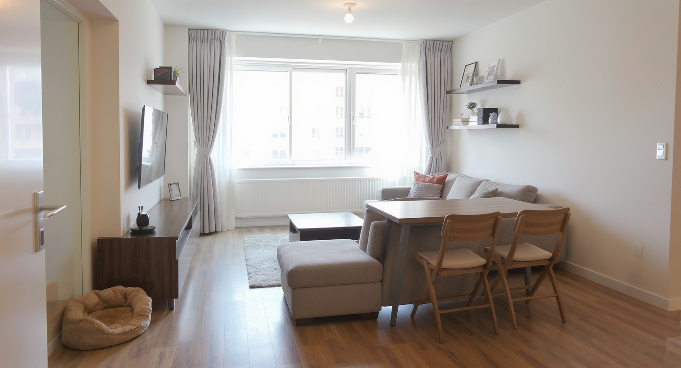 Small apartment living room and dining area with modular sofa, wall-mounted TV, extendable dining table, floating shelves, and storage ottoman.