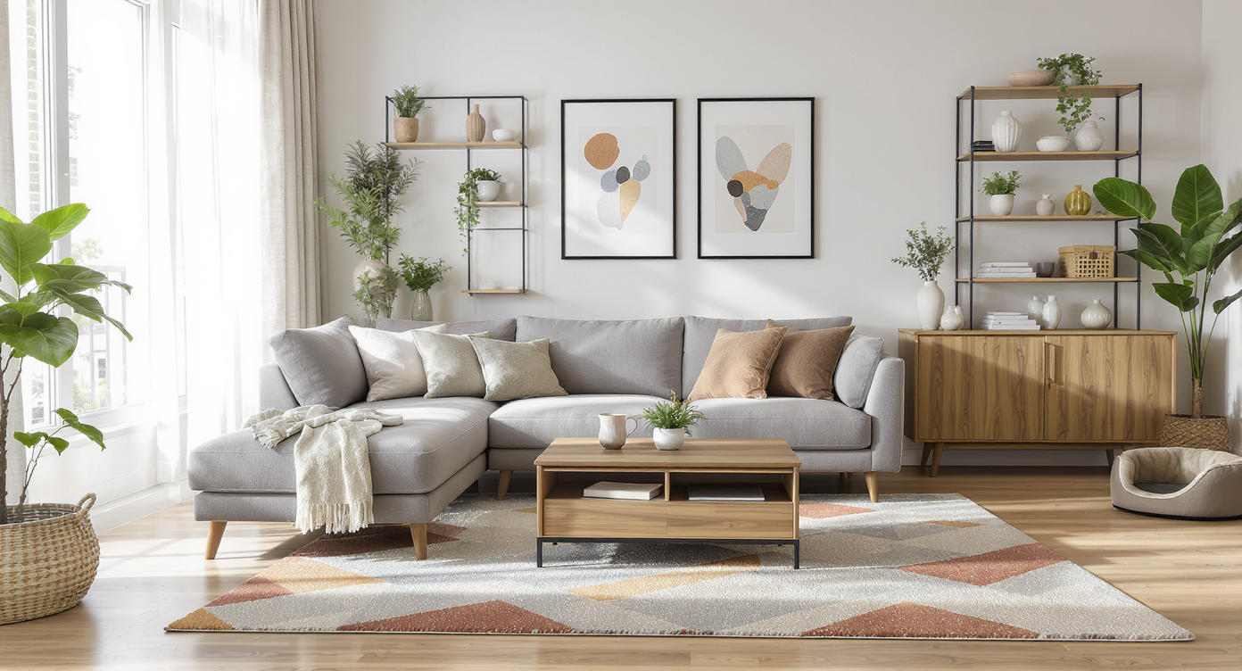 Modern rental apartment living room furnished with stylish, pet-friendly furniture and smart storage, reflecting a $10,000 budget, in natural light.