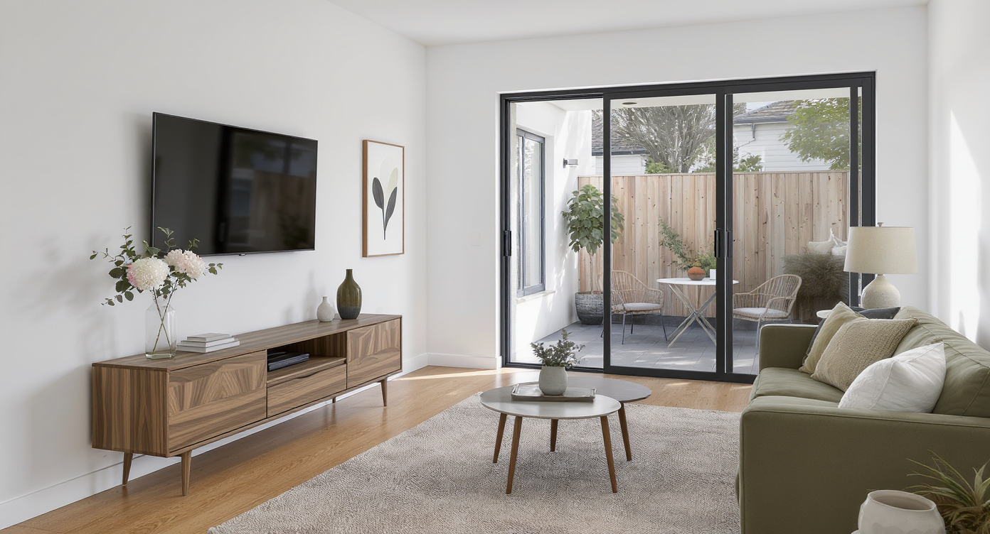 Open living area with walnut media console, mossy green sofa, textural rug on cork floor, leading to a connected bedroom and a cozy patio scene.