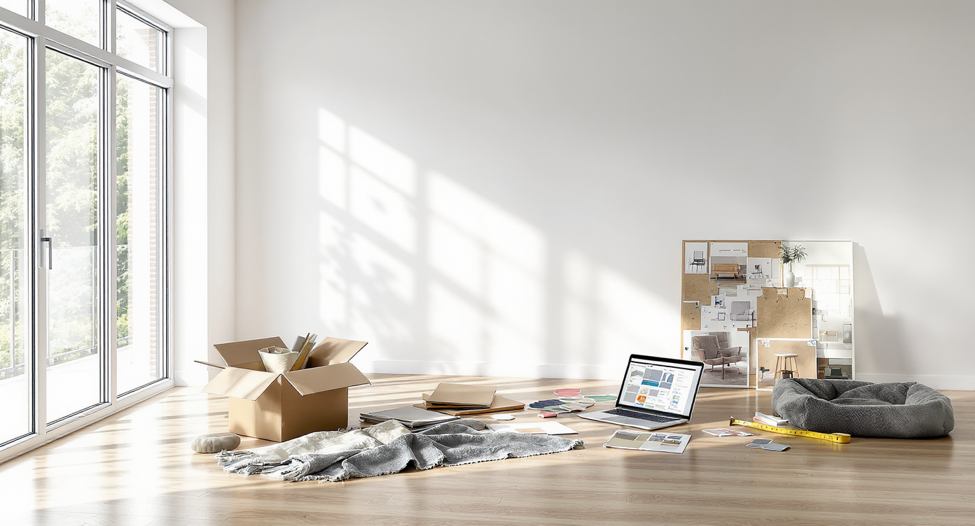 Unfurnished modern apartment living room with open boxes, design swatches, planning tools, and a pet bed, ready for new furniture.