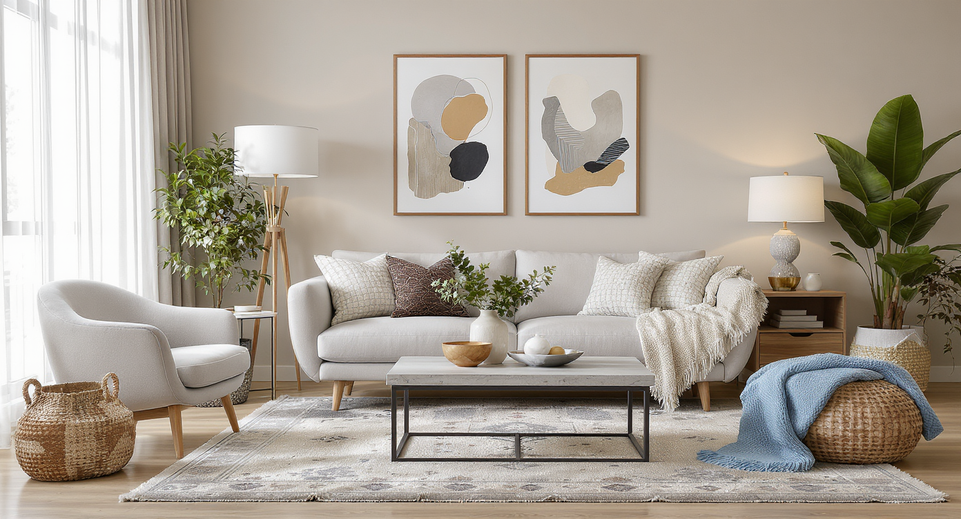 Bright modern living room blending mid-century and boho styles: curved sofa, sculptural lamp, industrial coffee table, vintage rug, warm wood accents.