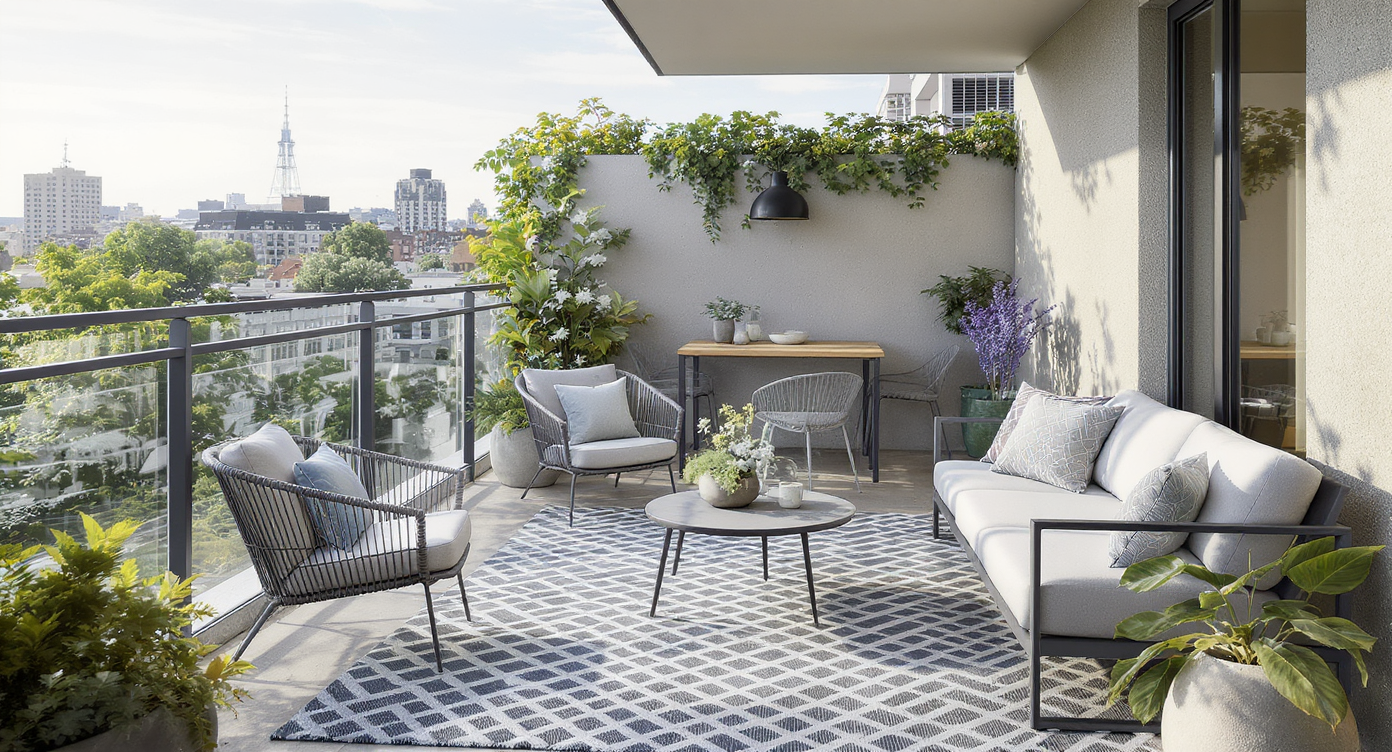 Photorealistic balcony with modular outdoor furniture—a slim dining table set and a lounge chair with accent table—on a modern rug and urban backdrop.