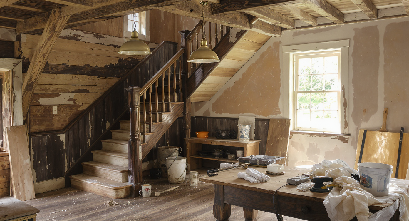 Old farmhouse interior in mid-renovation, showcasing partly restored wood staircase, antique fixtures, construction dust, and tools—no people present.