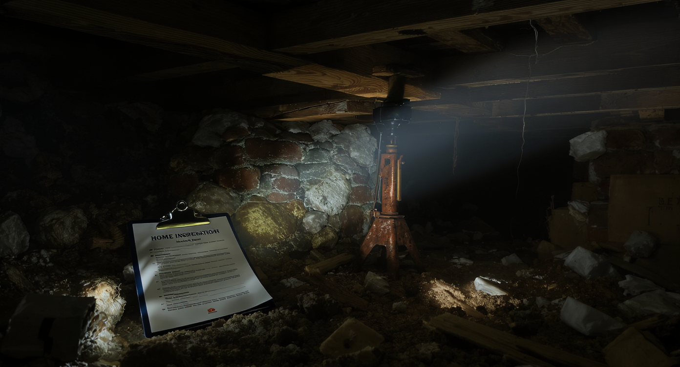 Open inspection report and flashlight on old farmhouse basement beam, showing cracked foundation stones, rotting wood, and support jack.