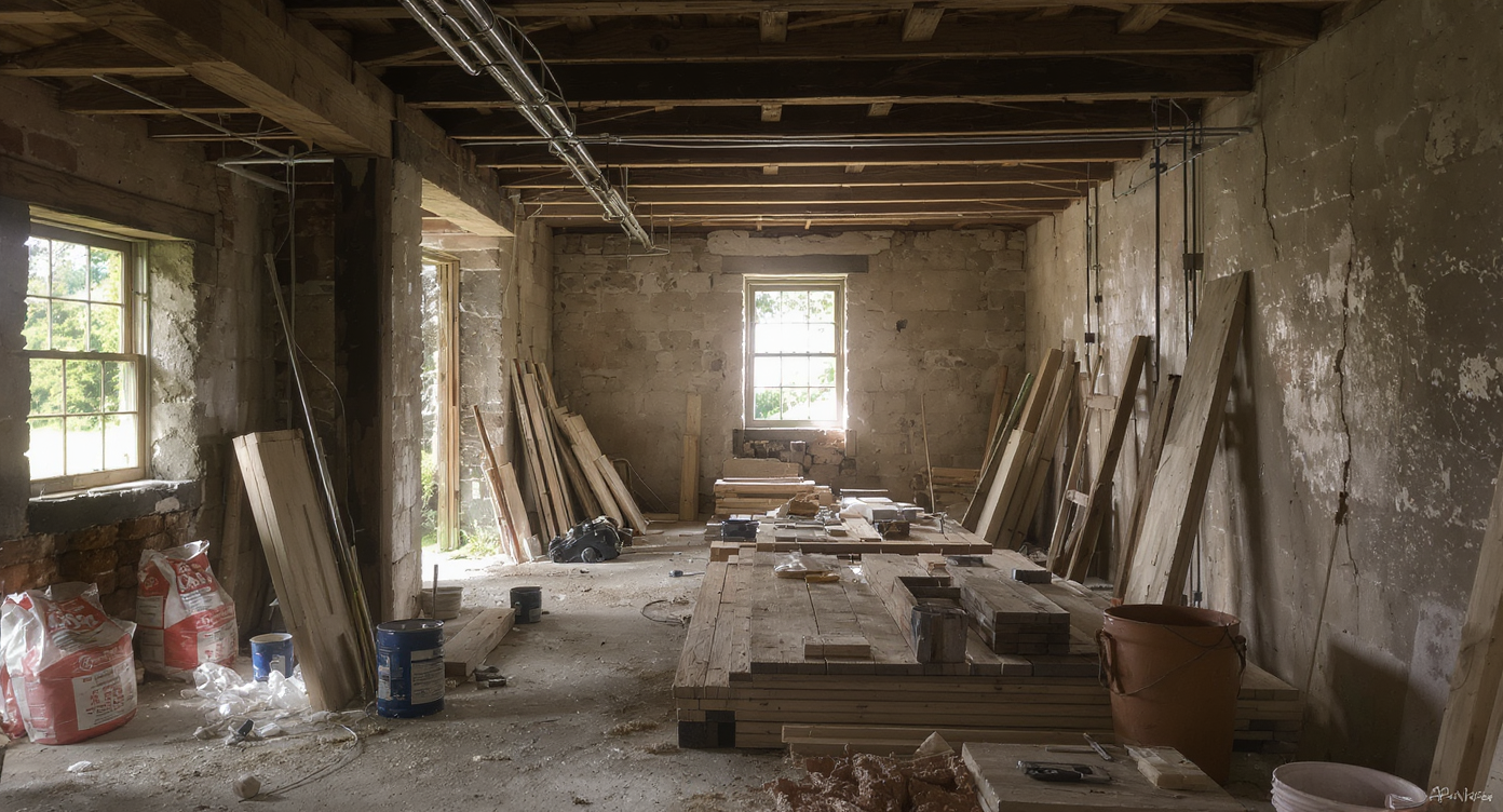 Interior of an old farmhouse extension, foundation exposed and under repair, with visible upgrades to wiring and plumbing, no people present.