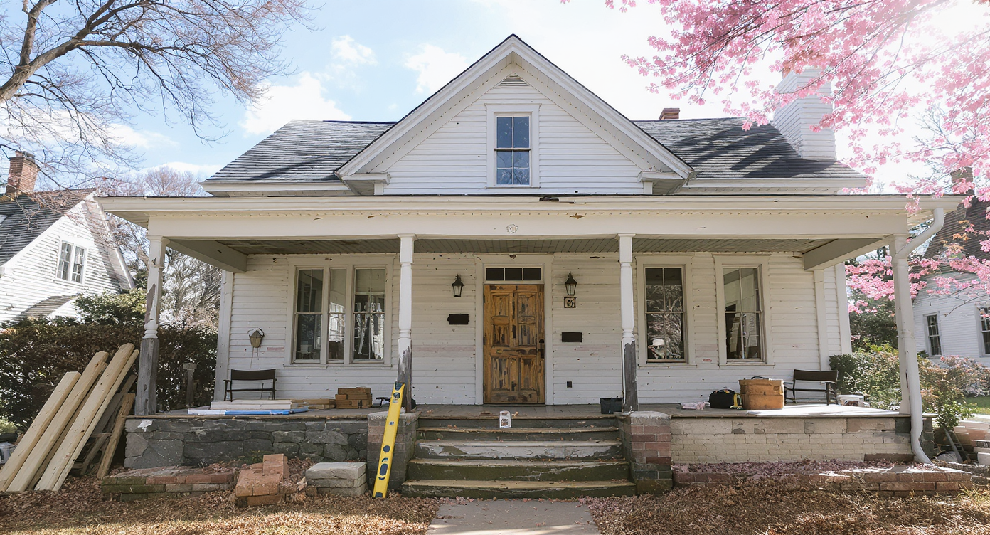 An old farmhouse with worn clapboard siding, a sagging porch, exposed foundation, and construction tools set on the steps under clear daylight.