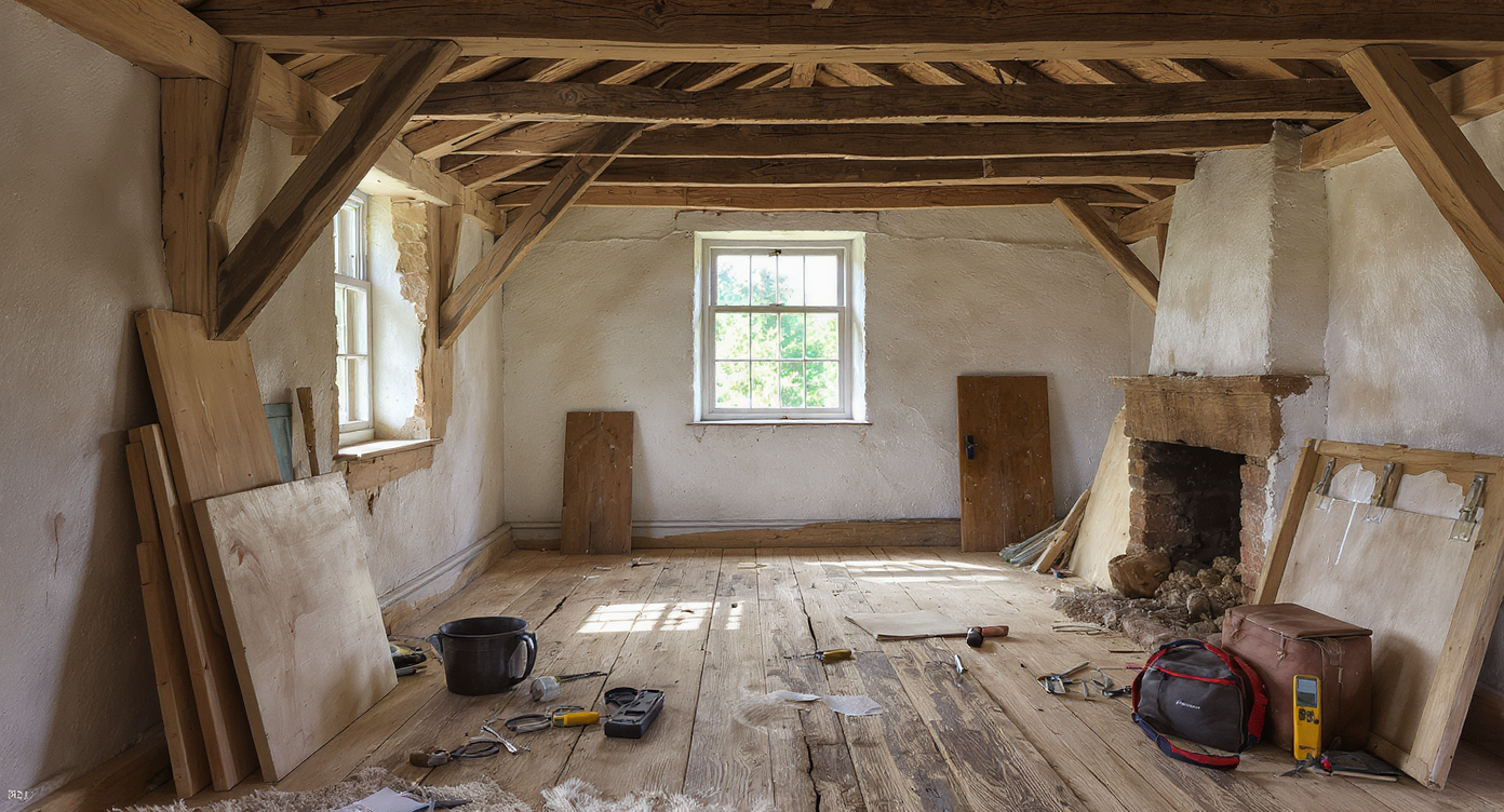 An old farmhouse interior shows bowed wood floors, cracked plaster, exposed beams, and inspection tools in daylight from divided-pane windows.