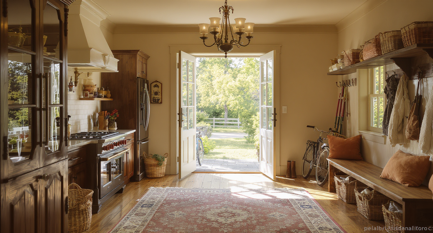 Restored farmhouse entry opens to level wooden floors, antique glass windows, updated kitchen with hidden appliances, and an organized mudroom.