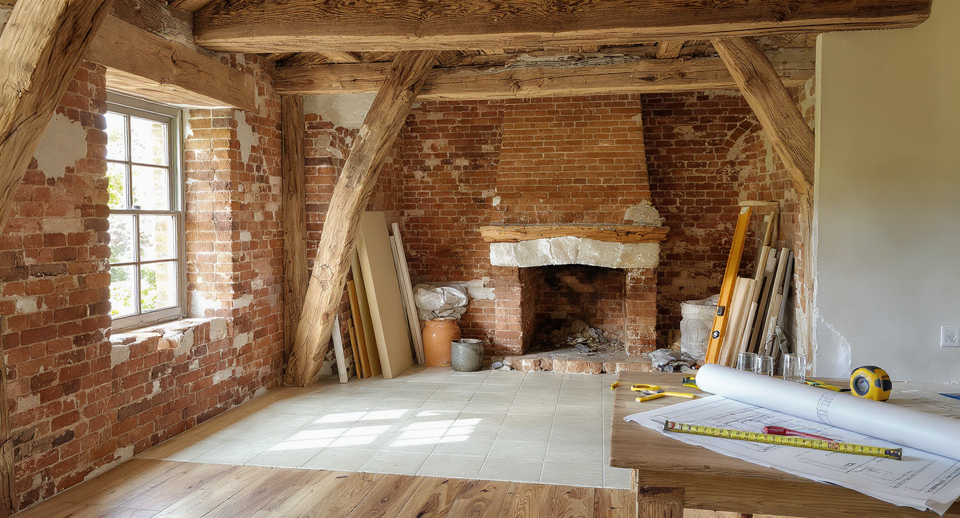Old farmhouse interior under renovation, blending original wood beams and brick with new tiles and windows, tools and blueprints visible.