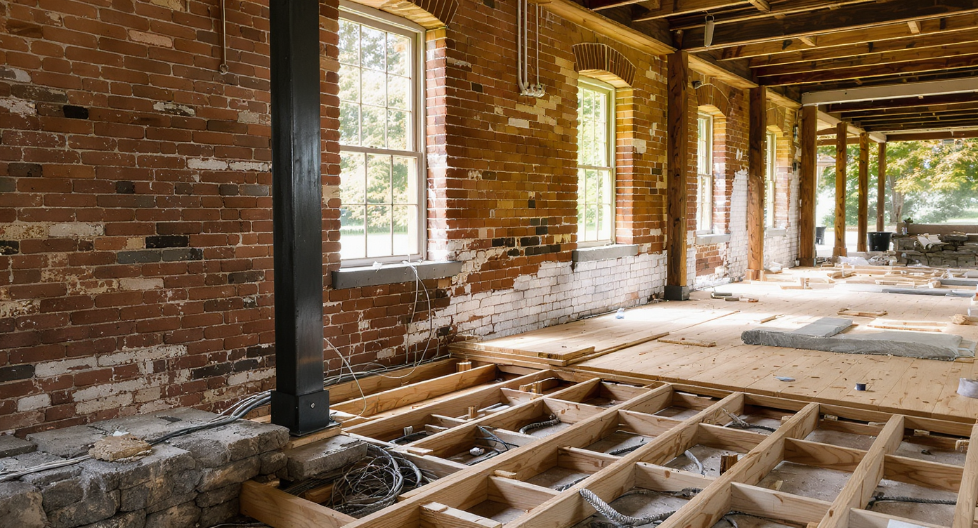 Foundation work and new electrical install exposed in an old Ontario farmhouse, with restored brick walls, new windows, and a sunlit porch.
