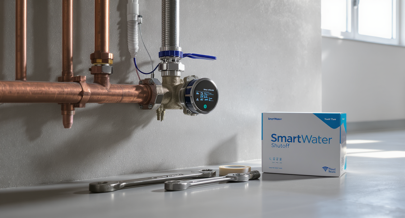 Modern basement utility area with a smart automated water shutoff valve installed, DIY tools nearby, realistic materials, and no people.