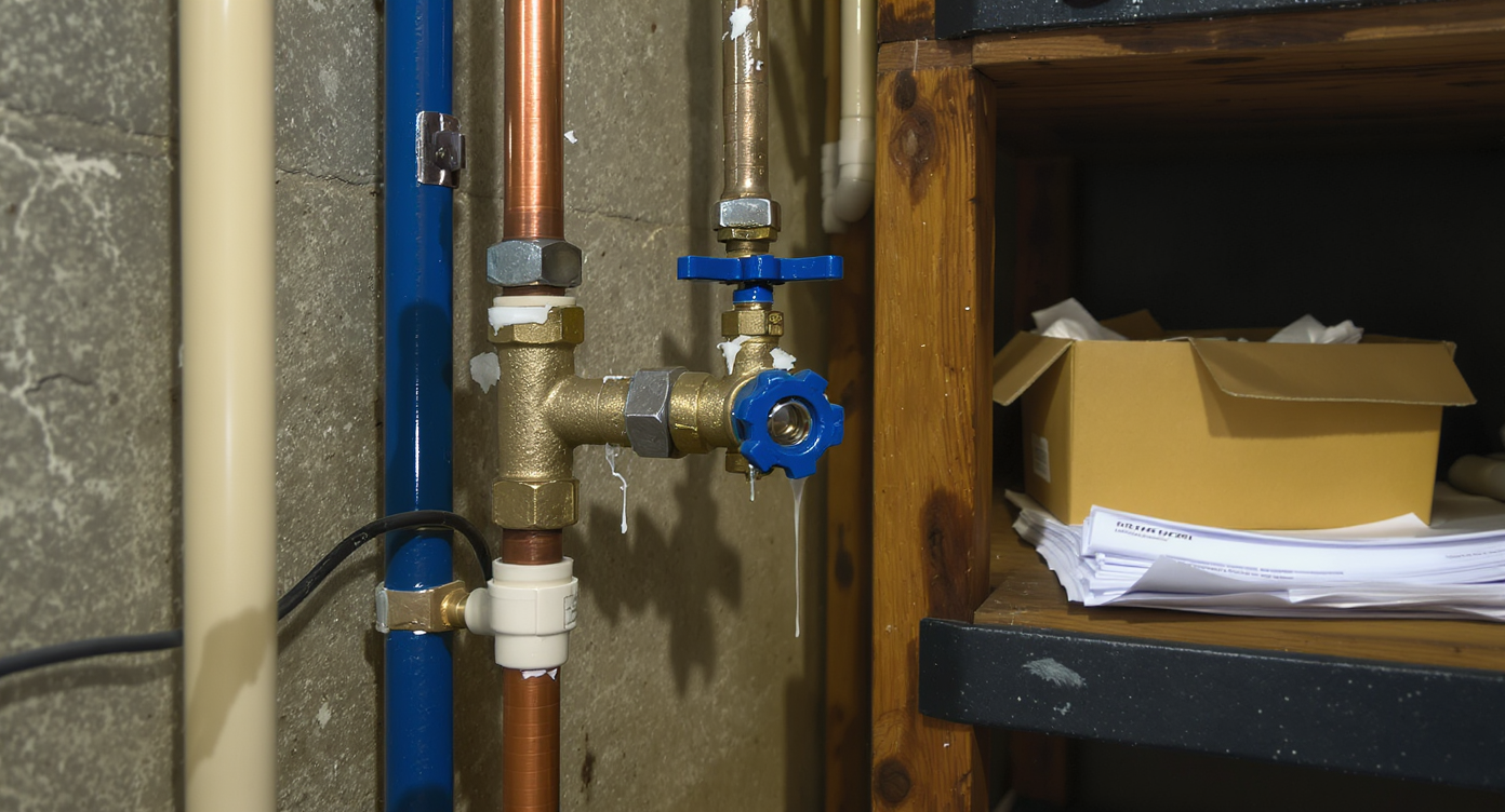 Basement plumbing wall with a smart water shutoff valve, misused PVC and copper pipes, no manual backup, and ignored permit paperwork.