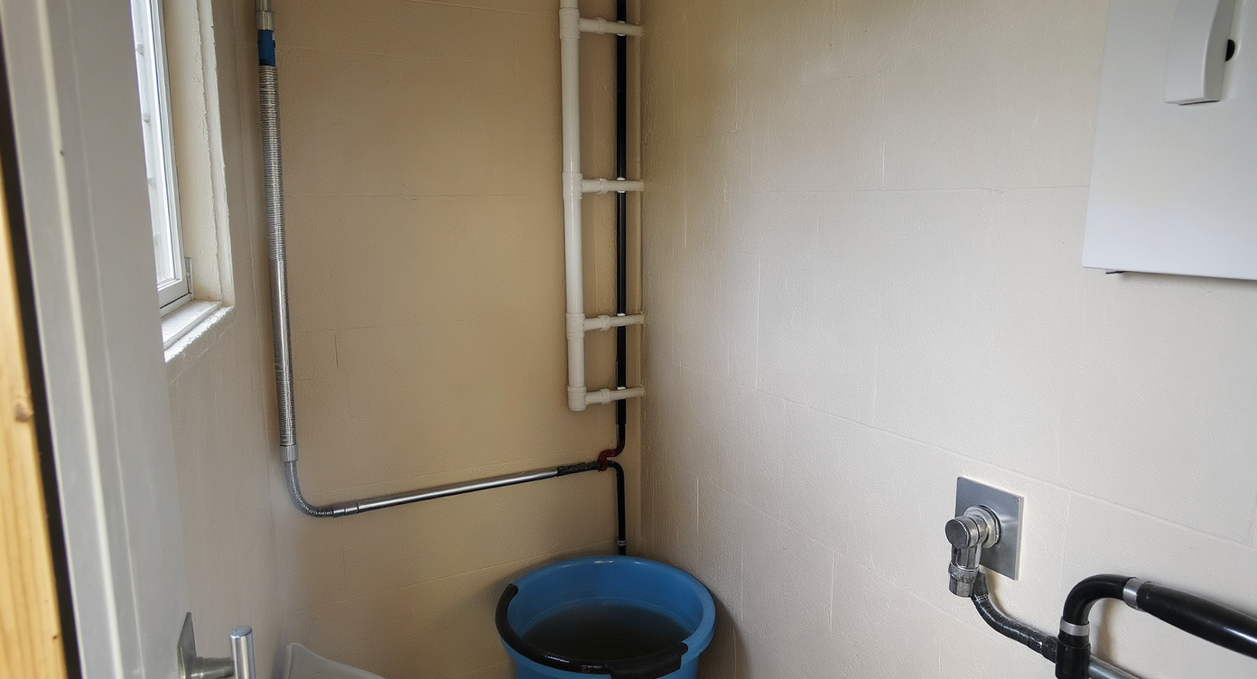 Ultra-realistic utility room scene: automated water shutoff valve installed at main supply entry, quality fittings, tools, smart panels, and unfinished wall.
