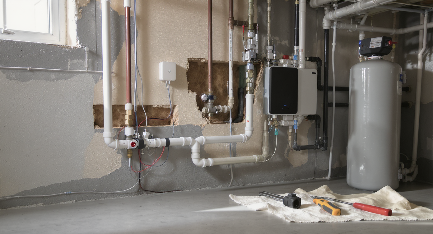 Photorealistic basement utility area showing a smart water shutoff valve installed on the main water line, near a water softener, with tools nearby.