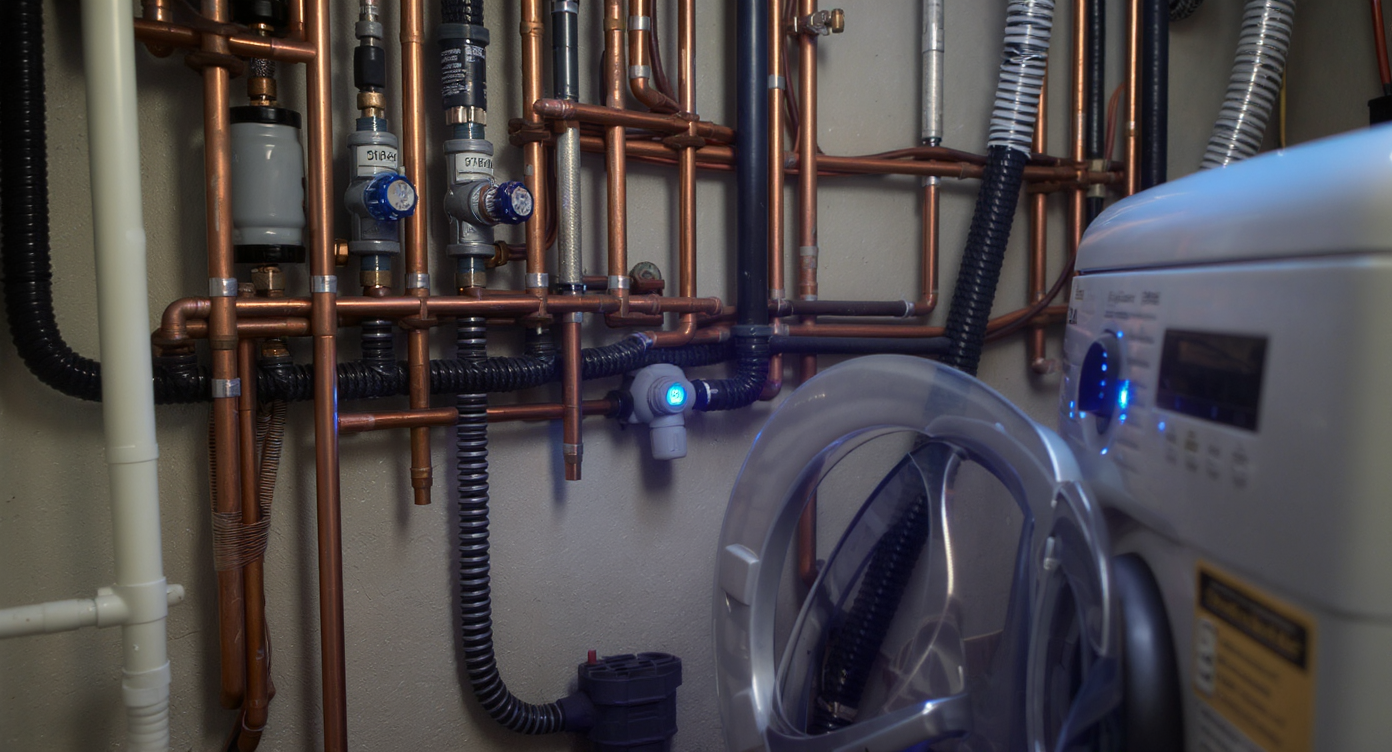 A spotless mechanical room displays neat pipes leading to a blue-glowing smart shutoff valve and a manual backup, with visible, code-compliant plumbing.