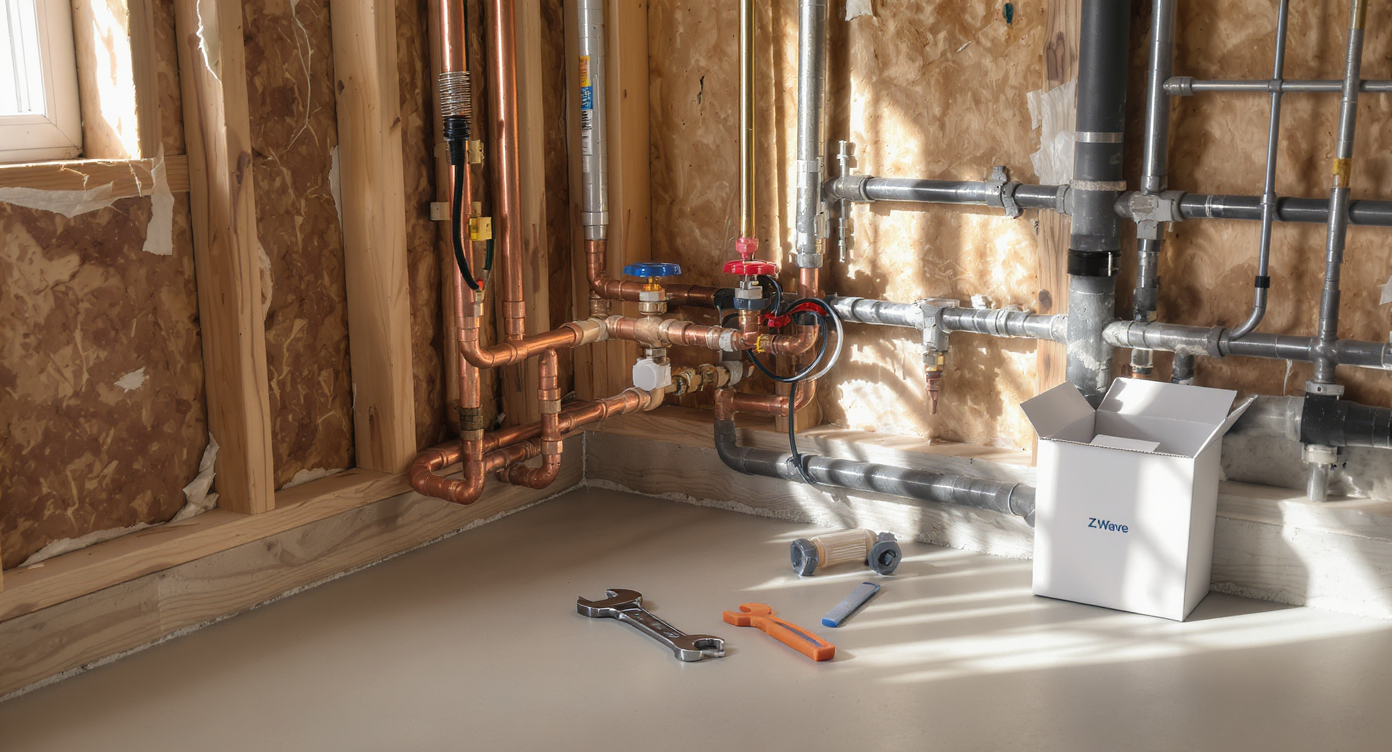 Modern utility room with a smart water shutoff valve on copper pipes, plumbing tools on the floor, and an open parts box in natural light.