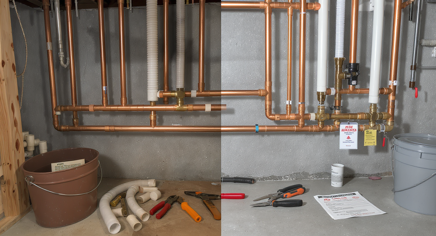 Split-view basement utility room showing DIY water shutoff install with mixed fittings and professional install with aligned, code-compliant pipes.