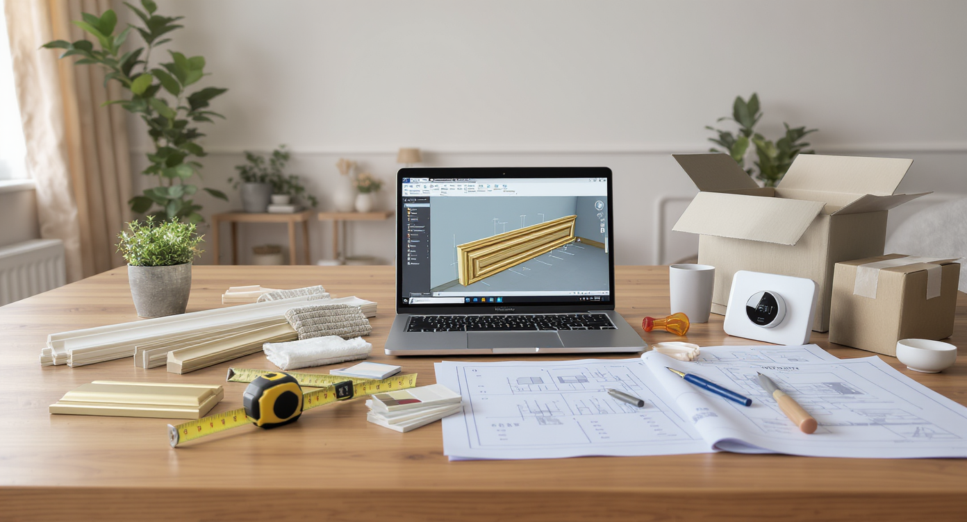 A realistic home workspace with a laptop showing a digital wall molding design, tools, molding samples, fixture boxes, and a smart thermostat kit.