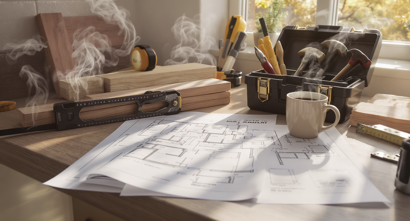 Kitchen counter with custom storage plans, toolbox, measuring tape, lumber, safety gear, and coffee mug ready for a DIY project.