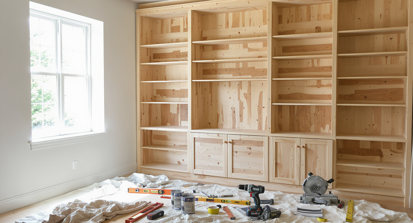 A sunlit room corner with custom-built shelving, woodworking tools, spare materials, and open paint cans, showing an active, self-managed DIY home project.