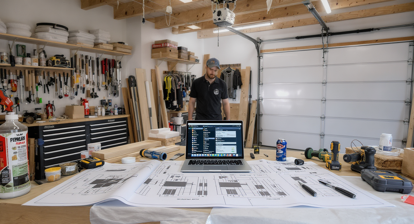 A realistic garage workspace displays complex blueprints, advanced tools, and materials mid-project, highlighting the scale and planning of ambitious DIY builds.