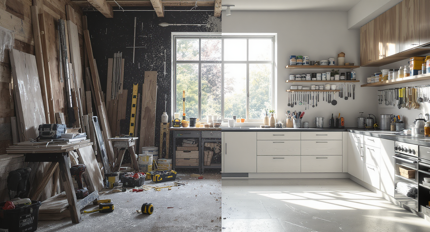 A photorealistic modern home workshop showing a split scene: DIY tools, materials, and clutter on one side, finished professional cabinetry on the other.