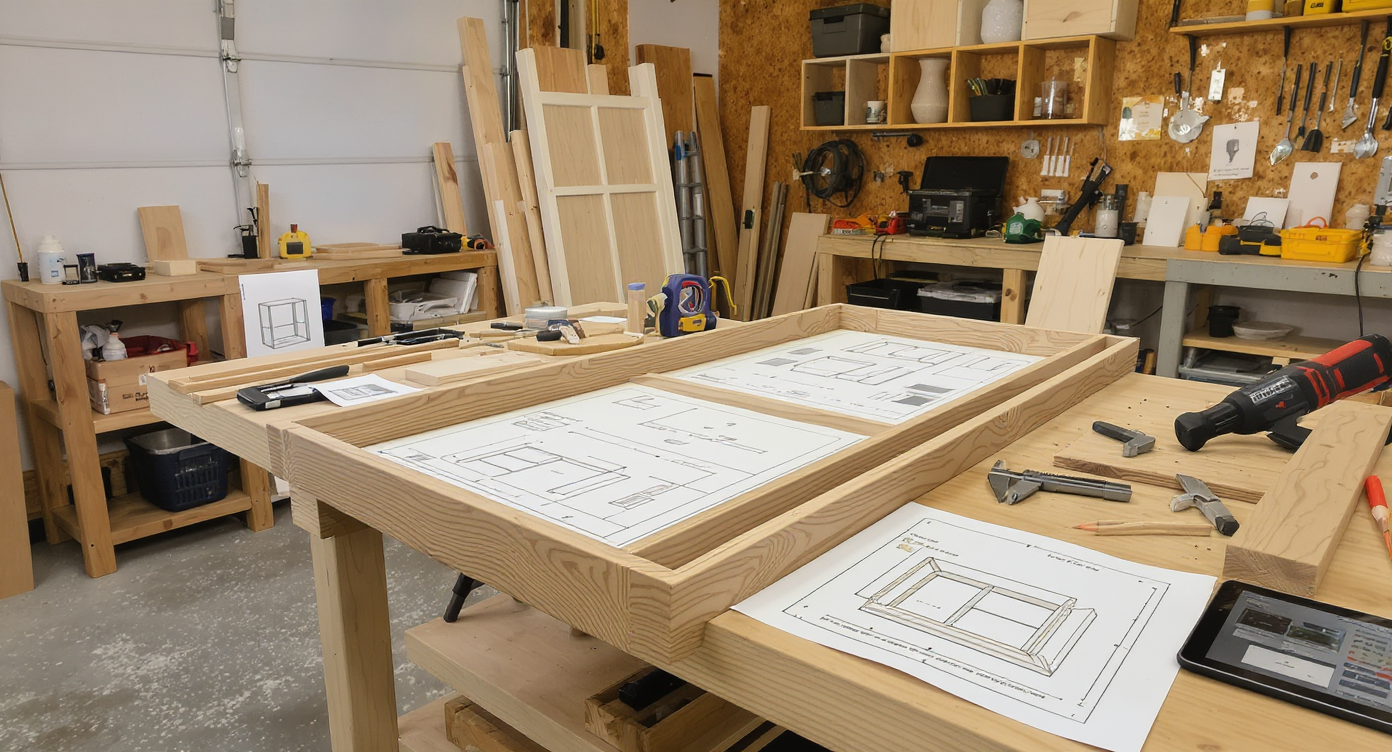 Photorealistic home workshop with blueprints, mockups, and a partially built custom cabinet on a workbench, surrounded by precision tools and wood.