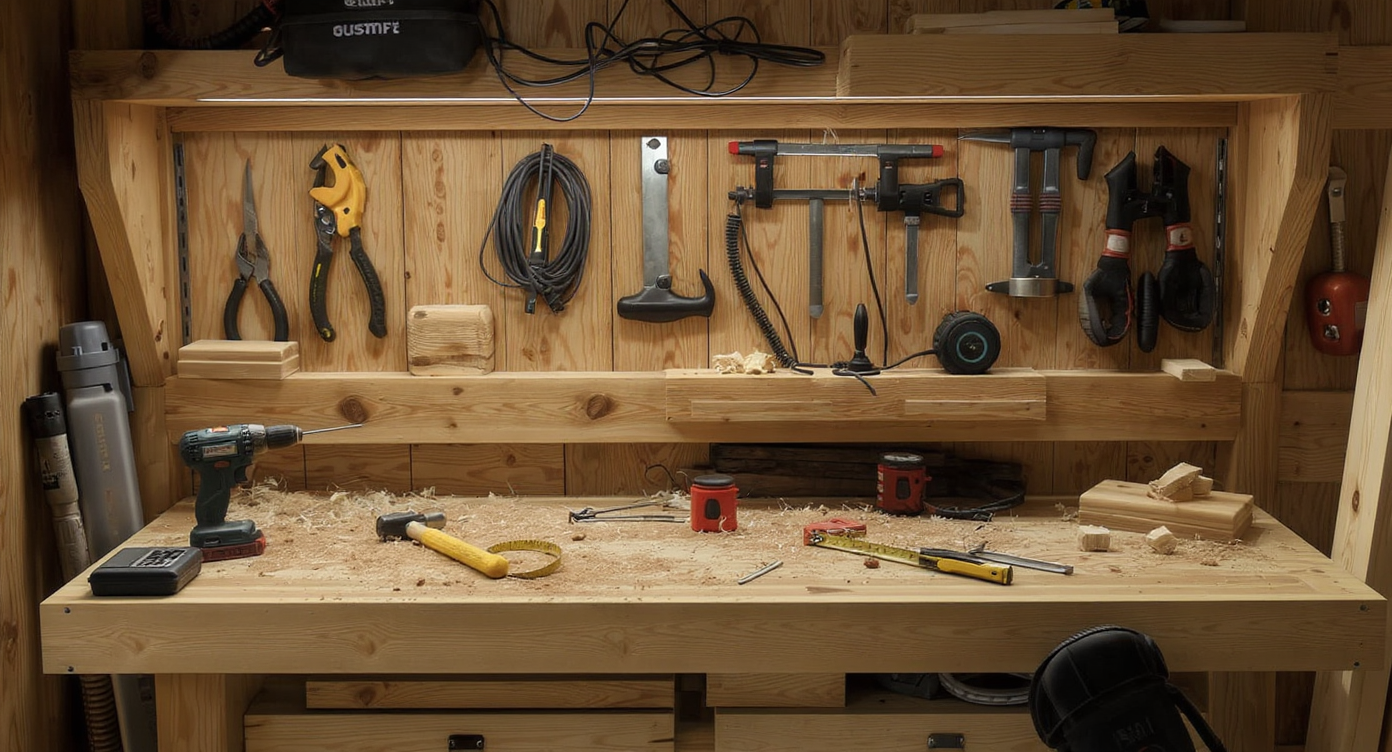 A realistic garage workshop with a wood workbench at the center, split between pro-built and DIY sections, tools and storage visible, no people.