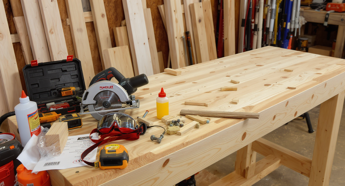 A newly built basic wooden workbench sits in a tidy workshop, surrounded by leftover hardware, new tool purchases, safety gear, and receipts, emphasizing DIY project costs.