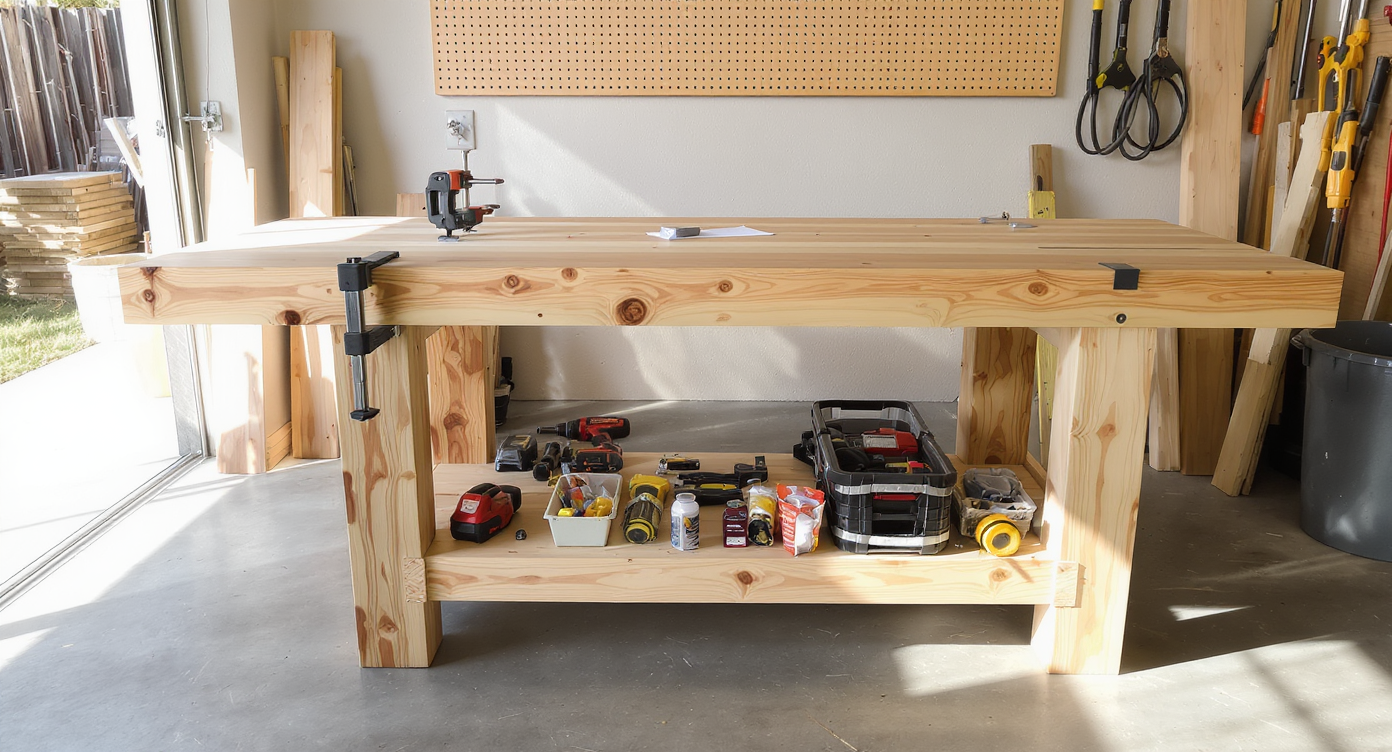 A custom-built DIY workbench made from light-colored 2x4 and 2x6 lumber in a sunlit garage, featuring an adjustable shelf and organized tools.