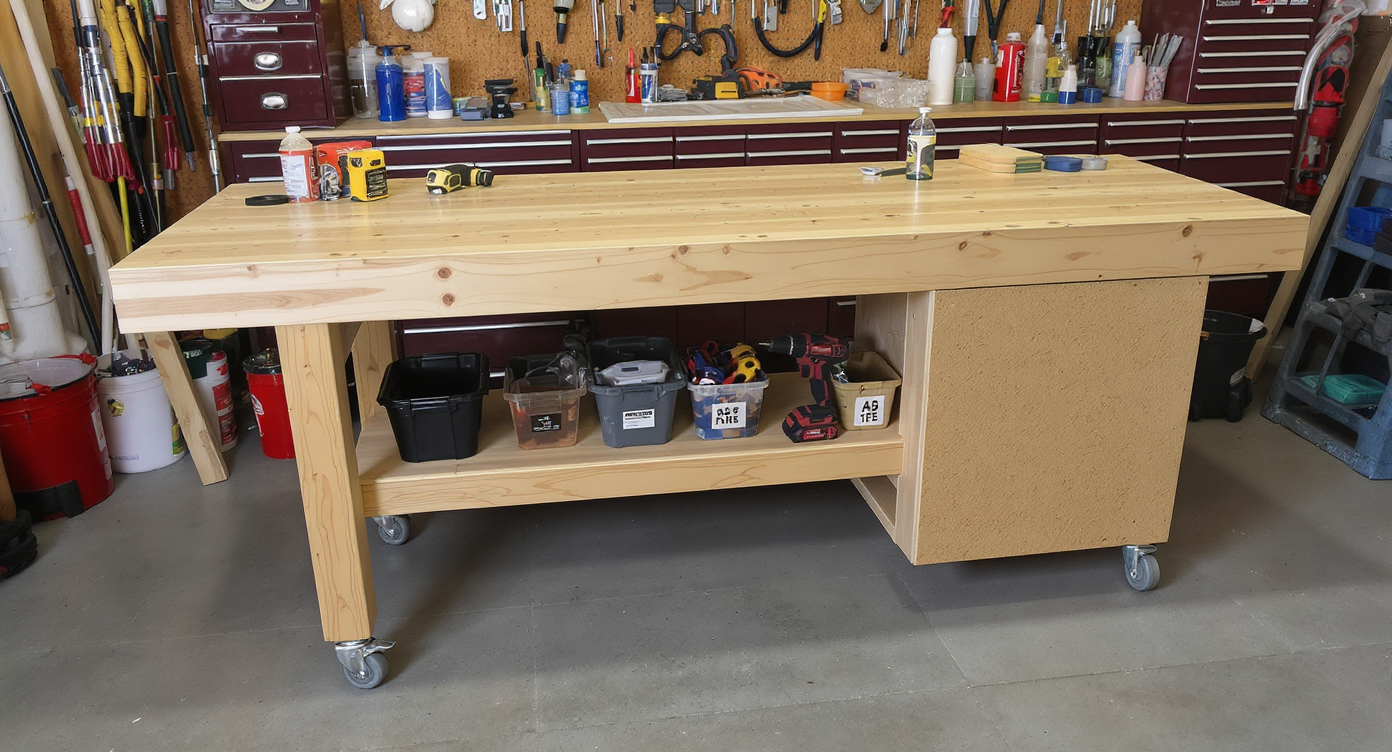 Customizable wooden workbench with plywood and MDF tops, lower storage shelf, caster wheels, and nearby personalized storage solutions in a sunlit workspace.