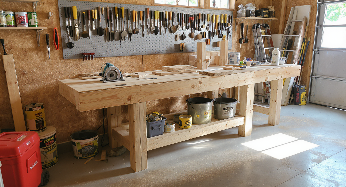 A realistic garage interior with a newly built wooden workbench, organized tools on the wall, and DIY materials on a concrete floor.