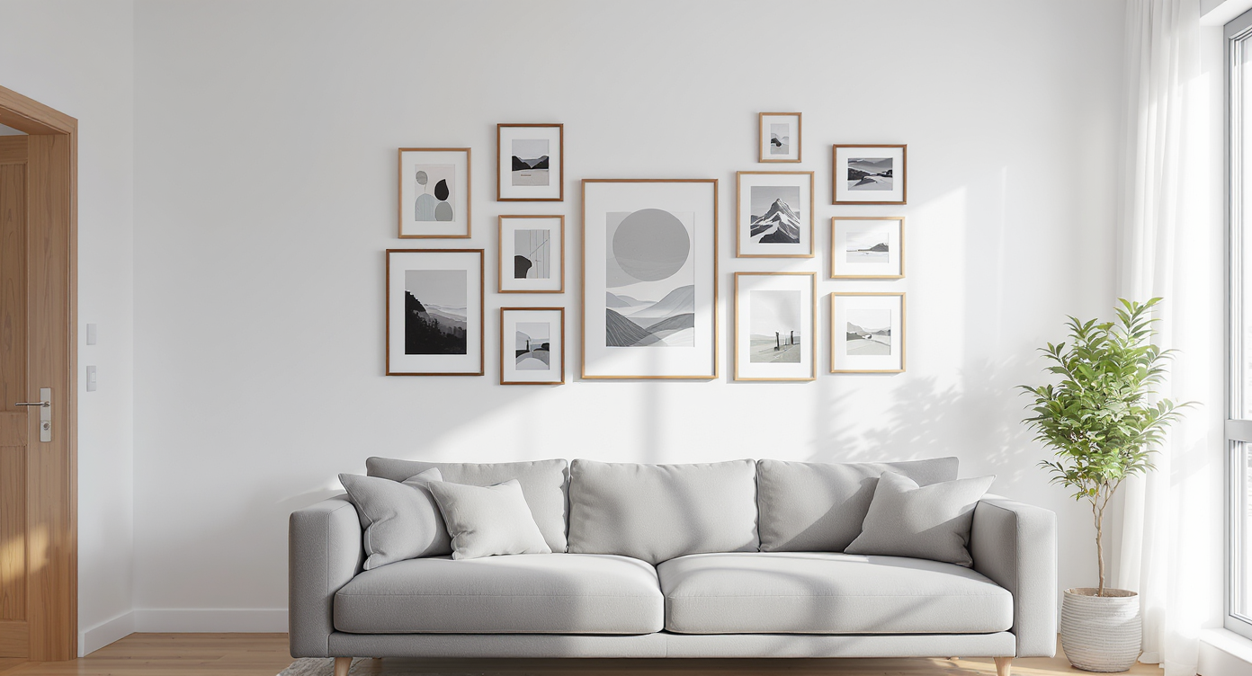 A modern sofa with a perfectly balanced gallery wall of assorted framed art above it, set in a light-filled, uncluttered living room.