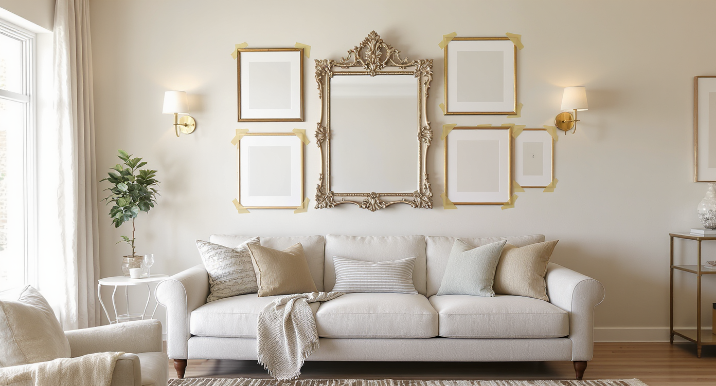 Gallery wall arrangement in progress above a sofa with paper templates, painter’s tape for sight lines, and flanking wall sconces.