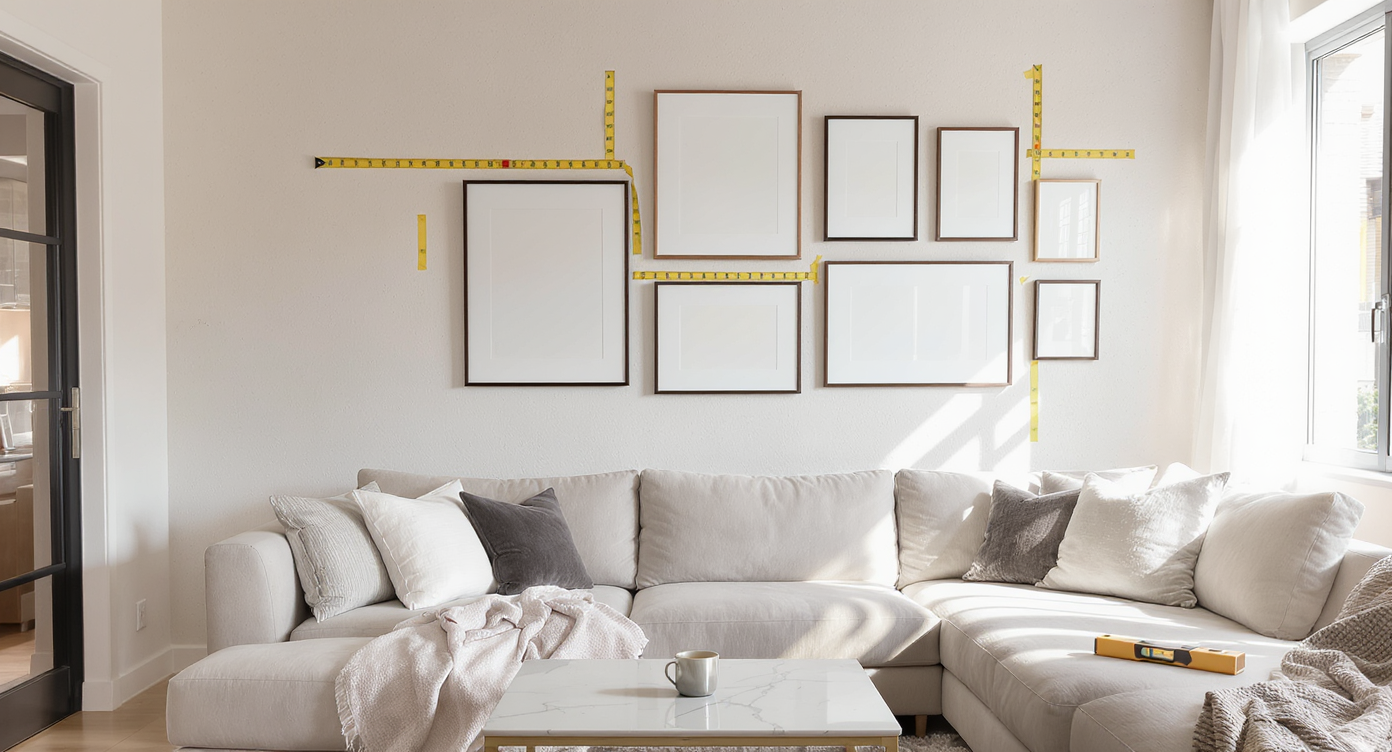 Modern living room with sofa against wall, partially arranged gallery wall above, tools like measuring tape and level on the sofa, no people present.