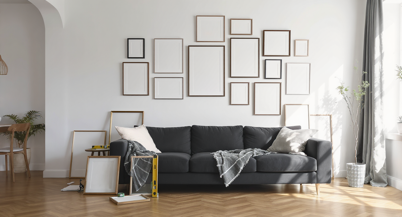 A bright living room with a sofa beneath a wall being arranged for a gallery wall. Frames and tools are spread out for precise placement.