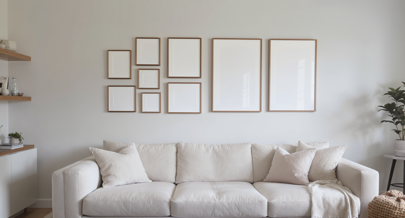 A neutral living room sofa with two contrasting gallery wall setups above it—one crowded with small, tightly spaced frames, the other balanced with larger frames spaced correctly.