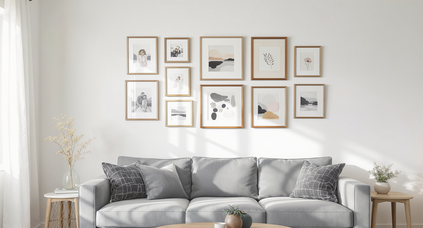A realistic living room shows a stylish gallery wall of frames centered above a sofa, demonstrating balanced height and alignment with the furniture.